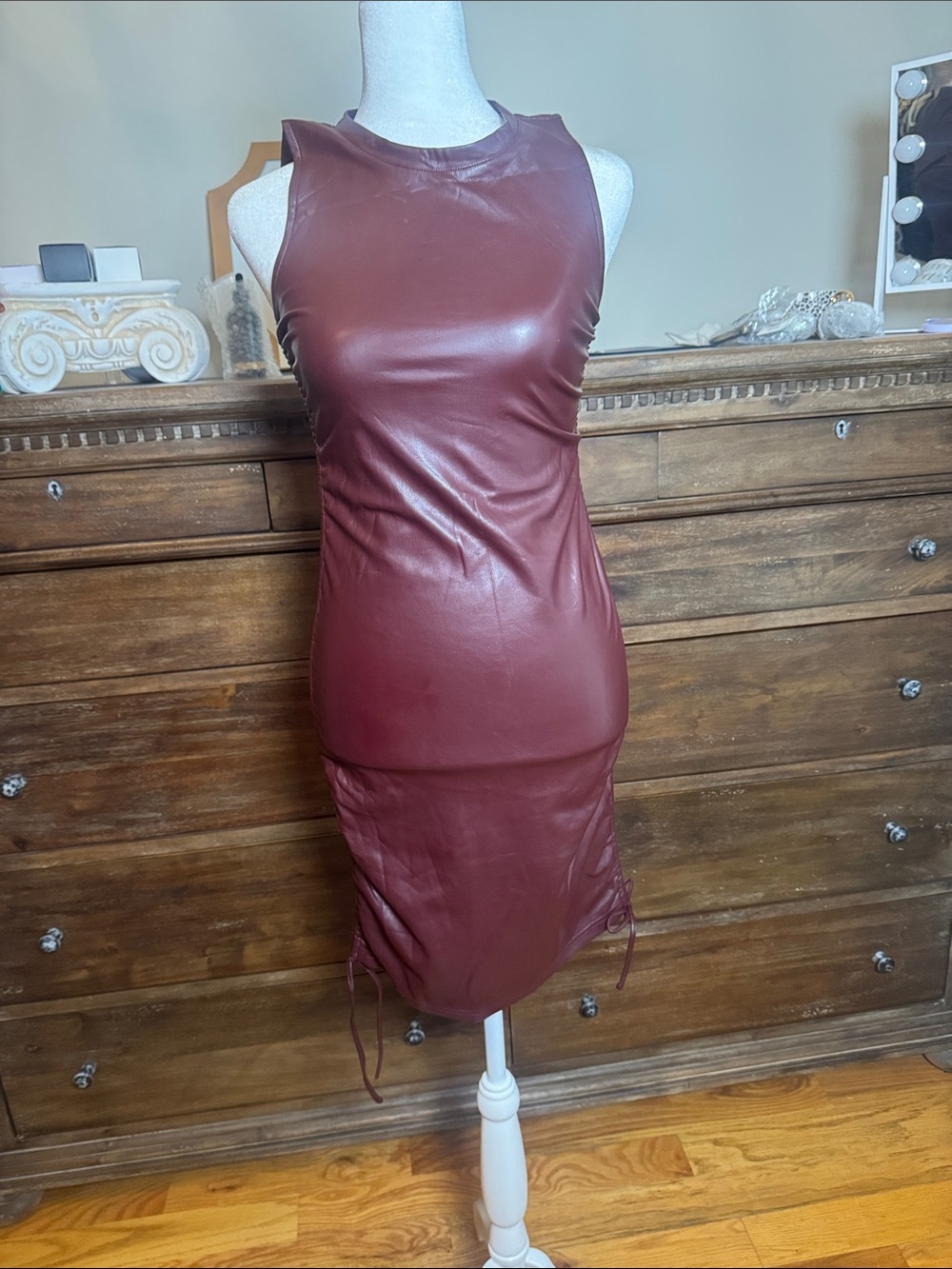 Faux leather Sleeveless Burgundy Dress